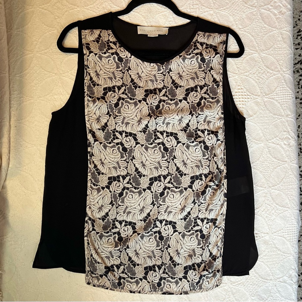 Stella McCartney silk sleeveless top/blouse. Black and bone color. Sz 42 / M